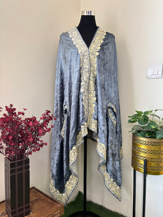 Bluish Grey Aari Embroidered Makhmal Cape