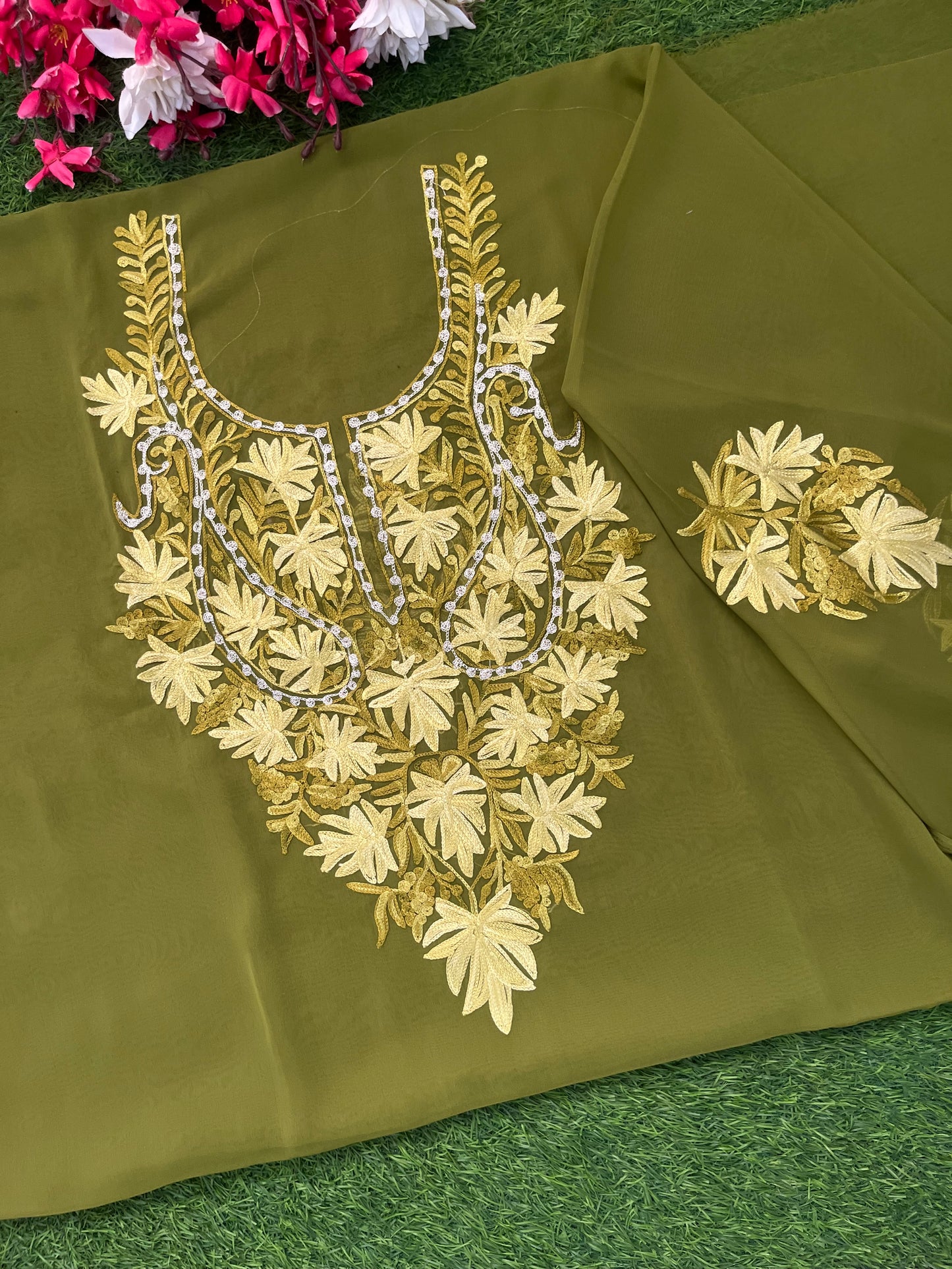 Heena Green Georgette Kashmiri Kurta Material
