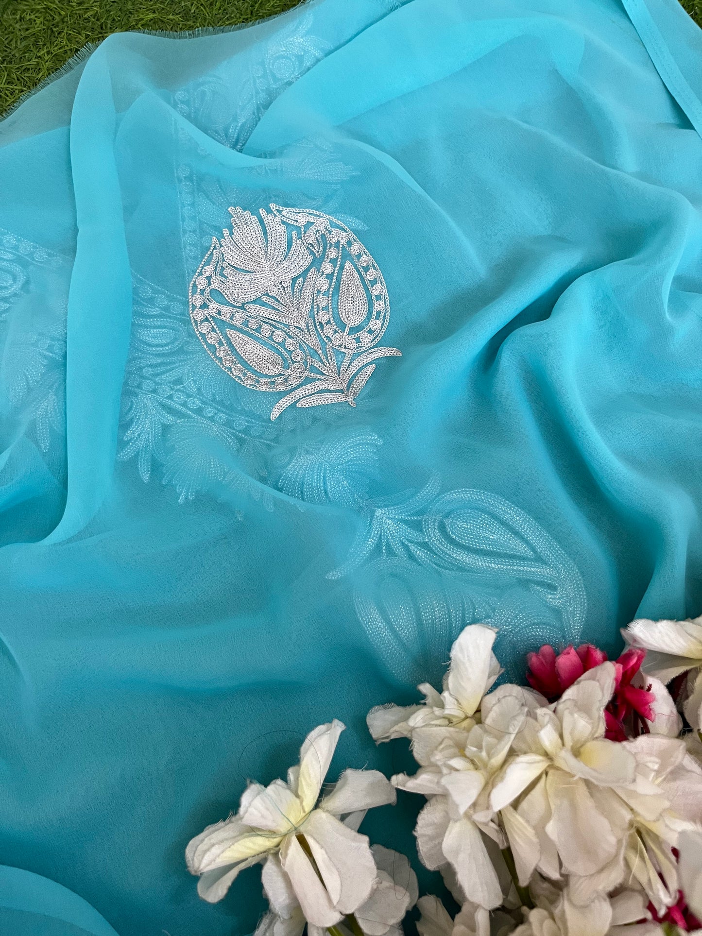 Sky blue Georgette 3pc Kashmiri Tilla Suit