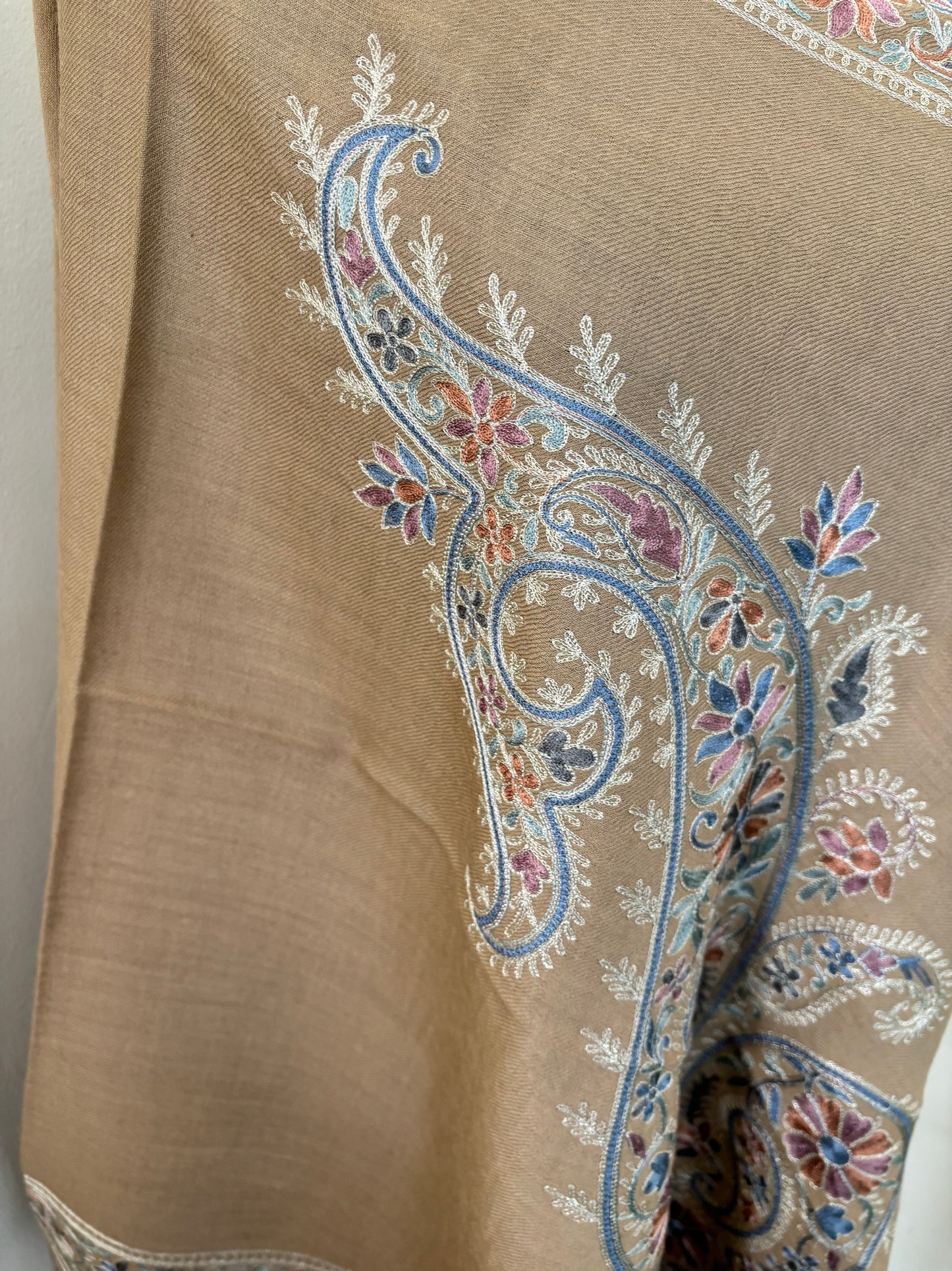 Beige Silk Thread Ambi Aangan Embroidered Fine Semi Pashmina stole