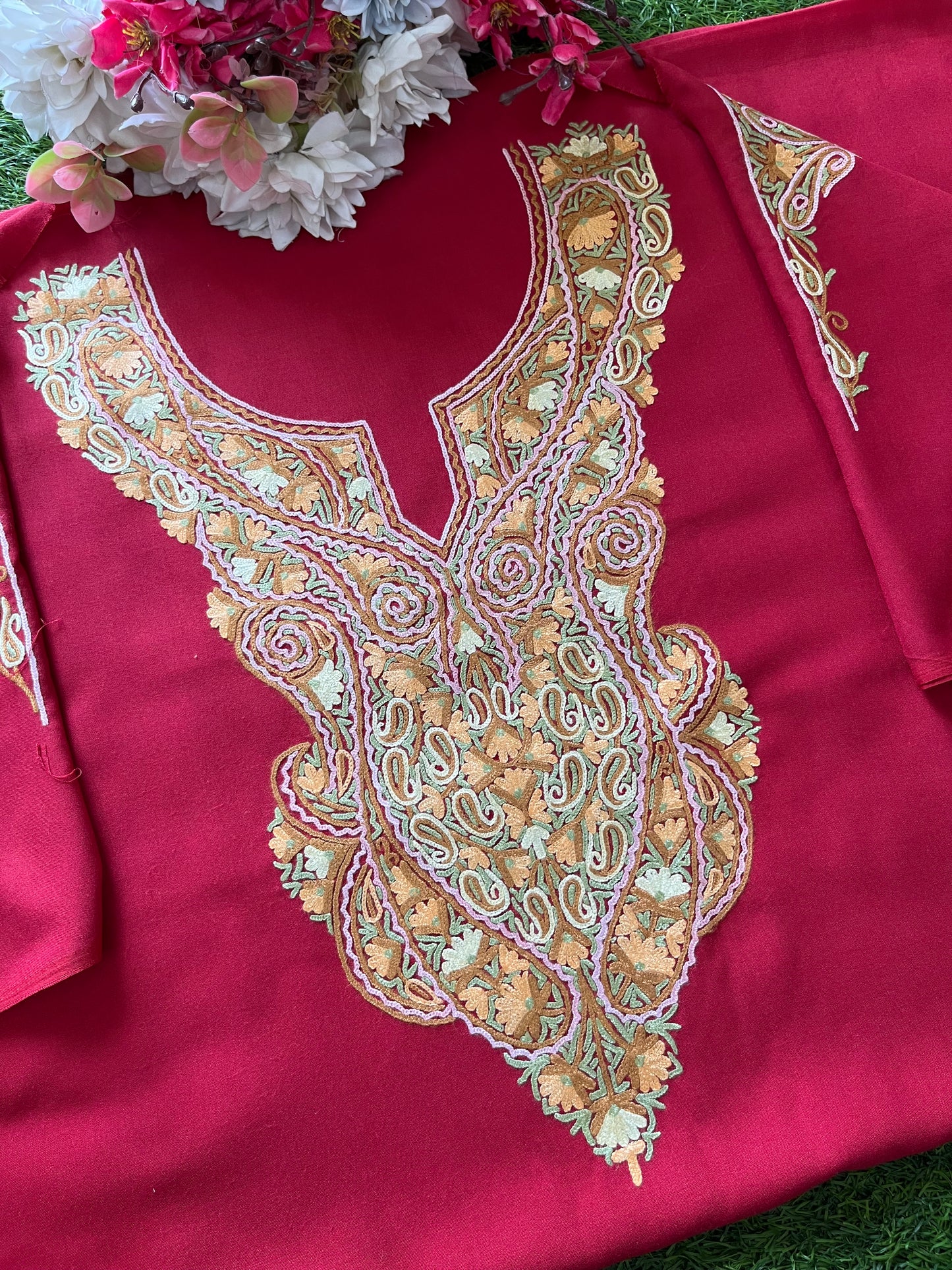 Red Cotton Two Piece Suit (Hand Embroidered)