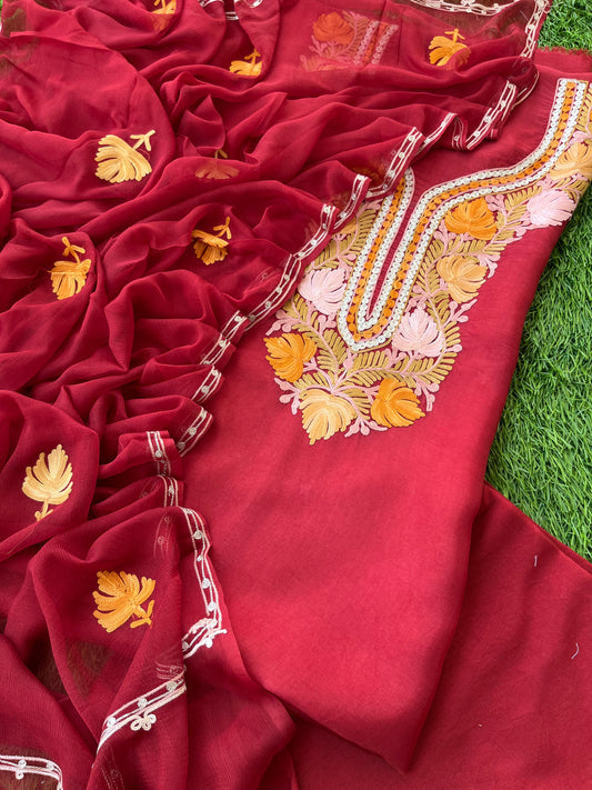 Maroon Opada Silk Aari Embroidered Suit material