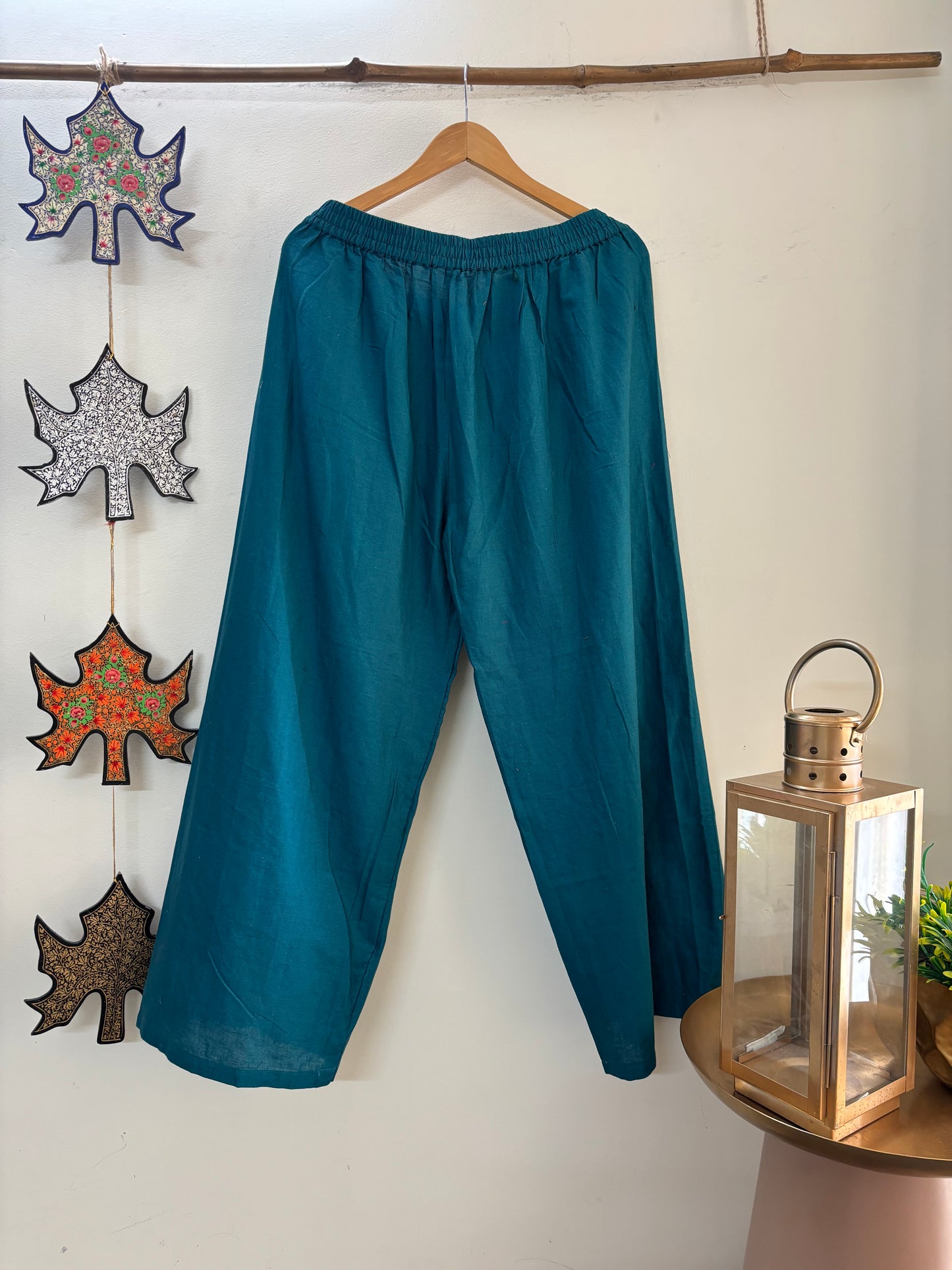 Women Green Wide Leg Solid Embroidered Palazzos