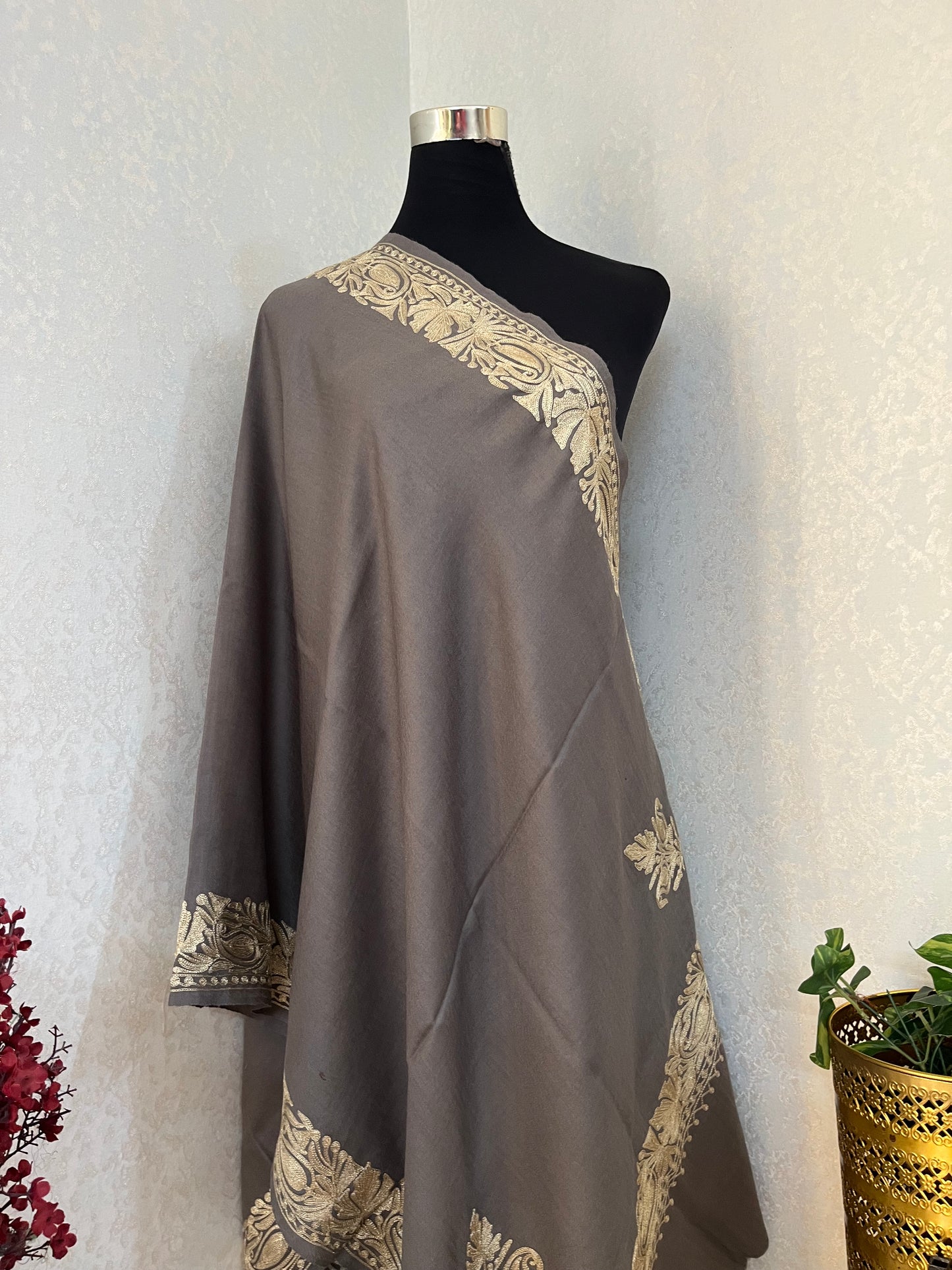 Grey Semi Pashmina Tilla Embroidered stole