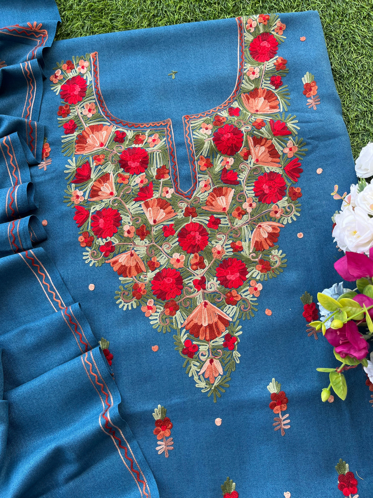 Peacock Blue Woollen Aari Embroidered 3pc suit
