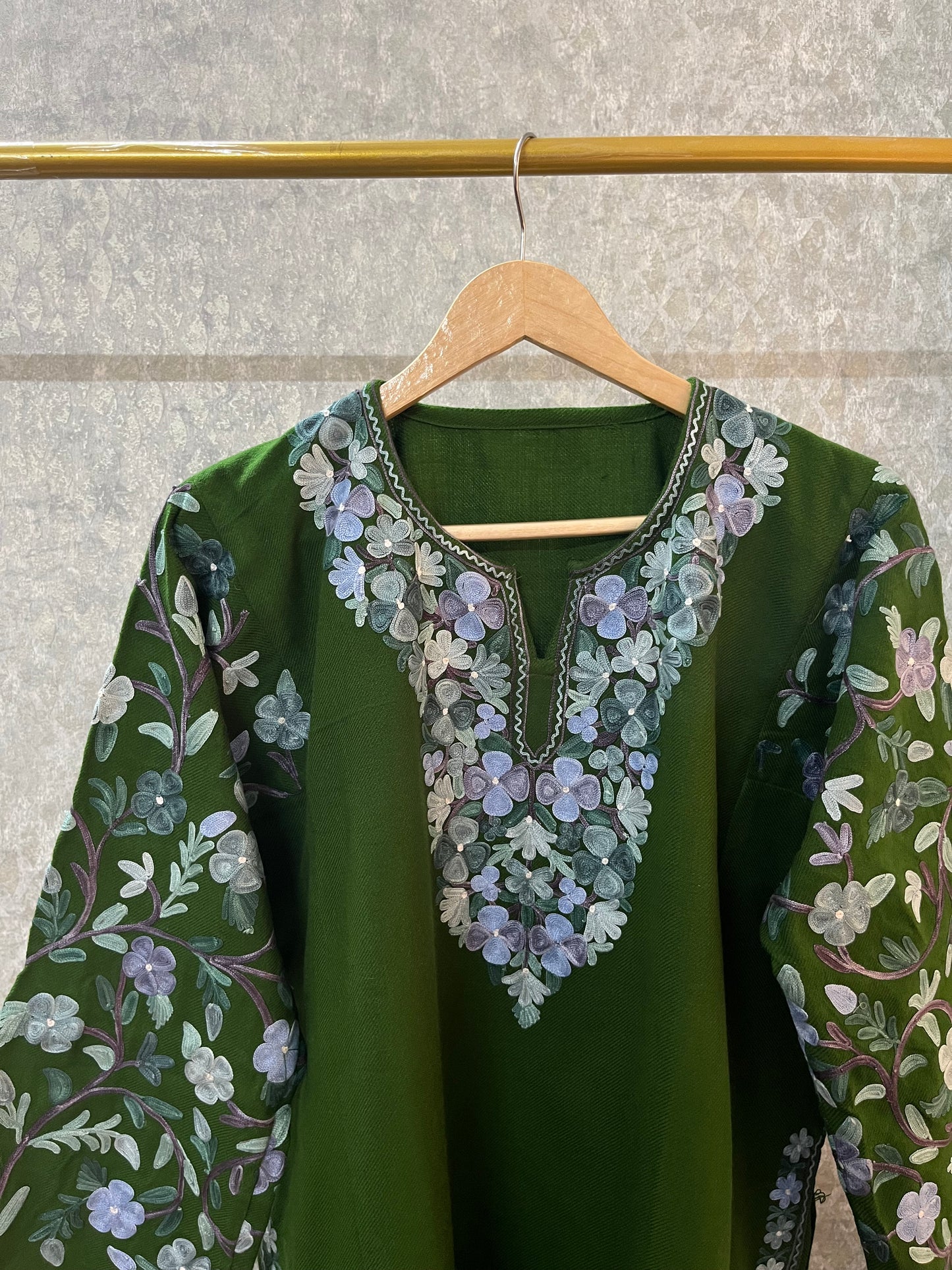 Henna Green Aari Embroidered Wool Pheran