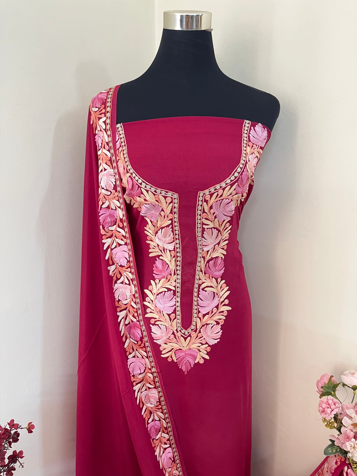 Hot Pink Pure Georgette Kashmiri Suit