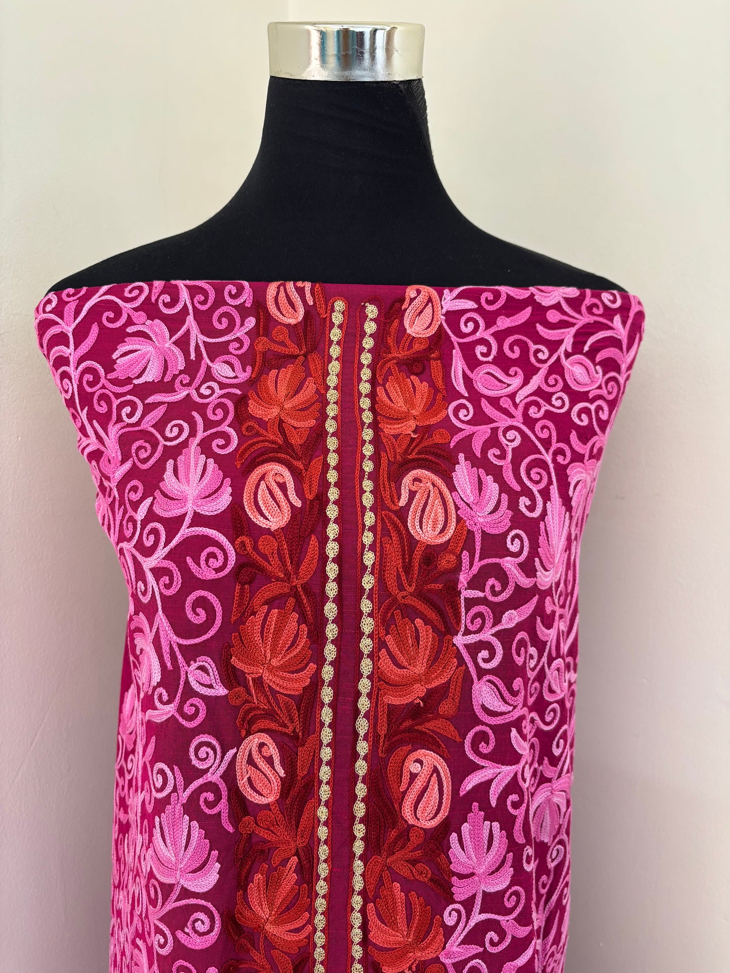 Cotton Hot Pink  Aari Embroidered Kurta Pant Set
