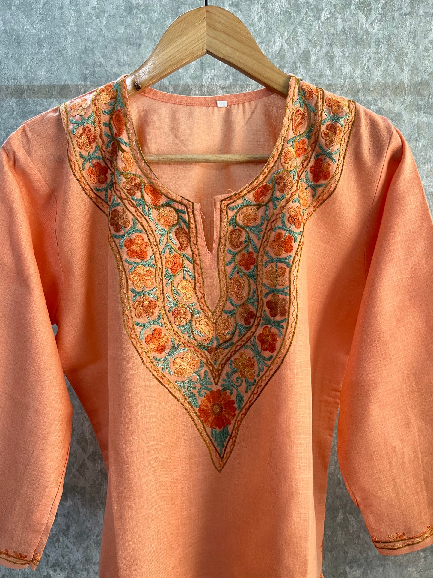 Peach Cotton Aari Work Kurta