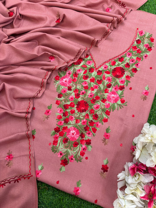 Onion Pink Woollen Aari Embroidered 3pc suit