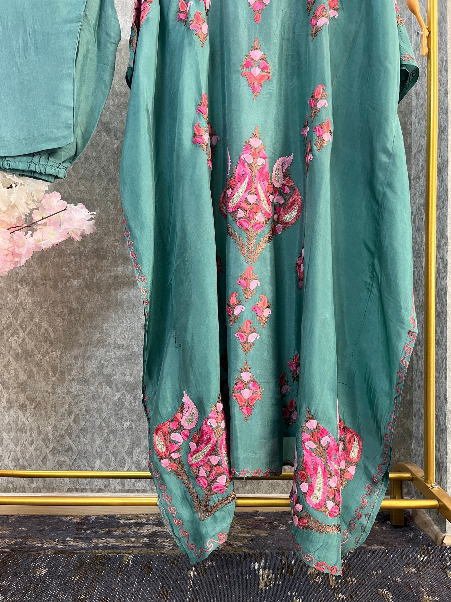 Soft Green Opada Silk Kashmiri Kaftan Set