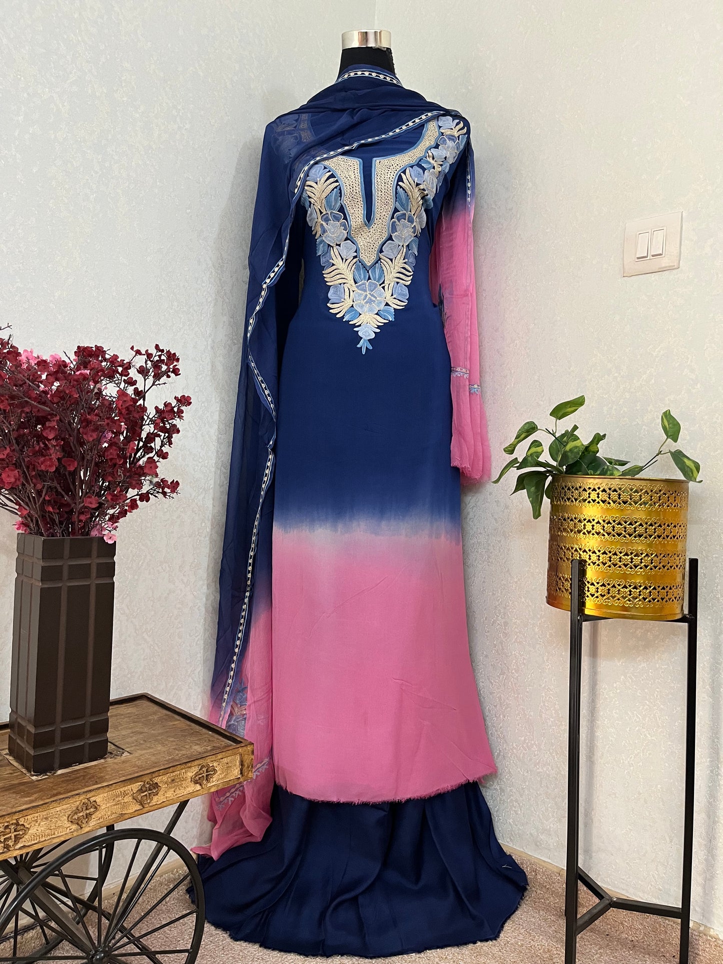 Blue Pure Georgette Double Shade Kashmiri Suit