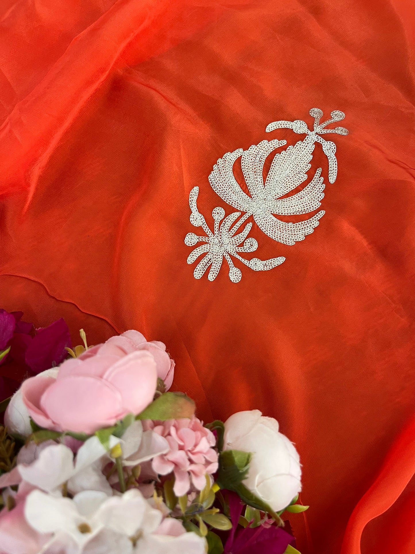 Orange Crape Kashmiri Suit with Clutch