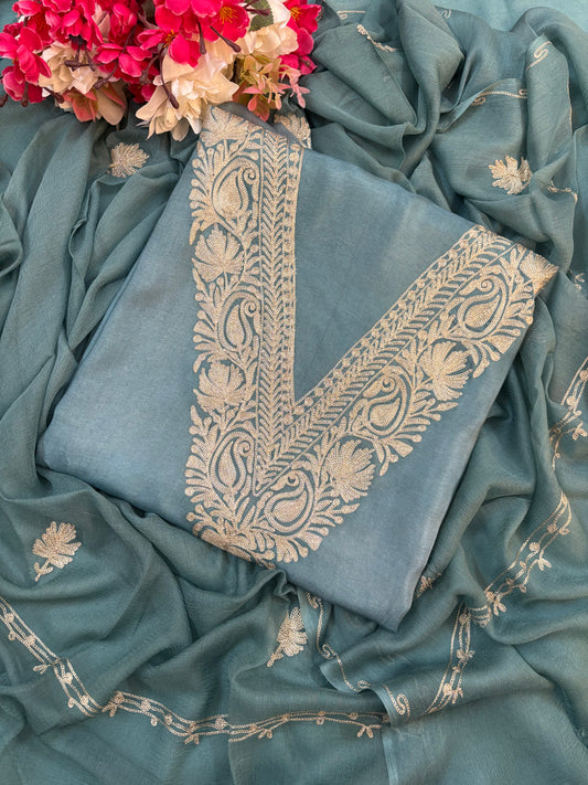 Sanam’ Pastel Blue Silk Tilla Kashmiri Suit