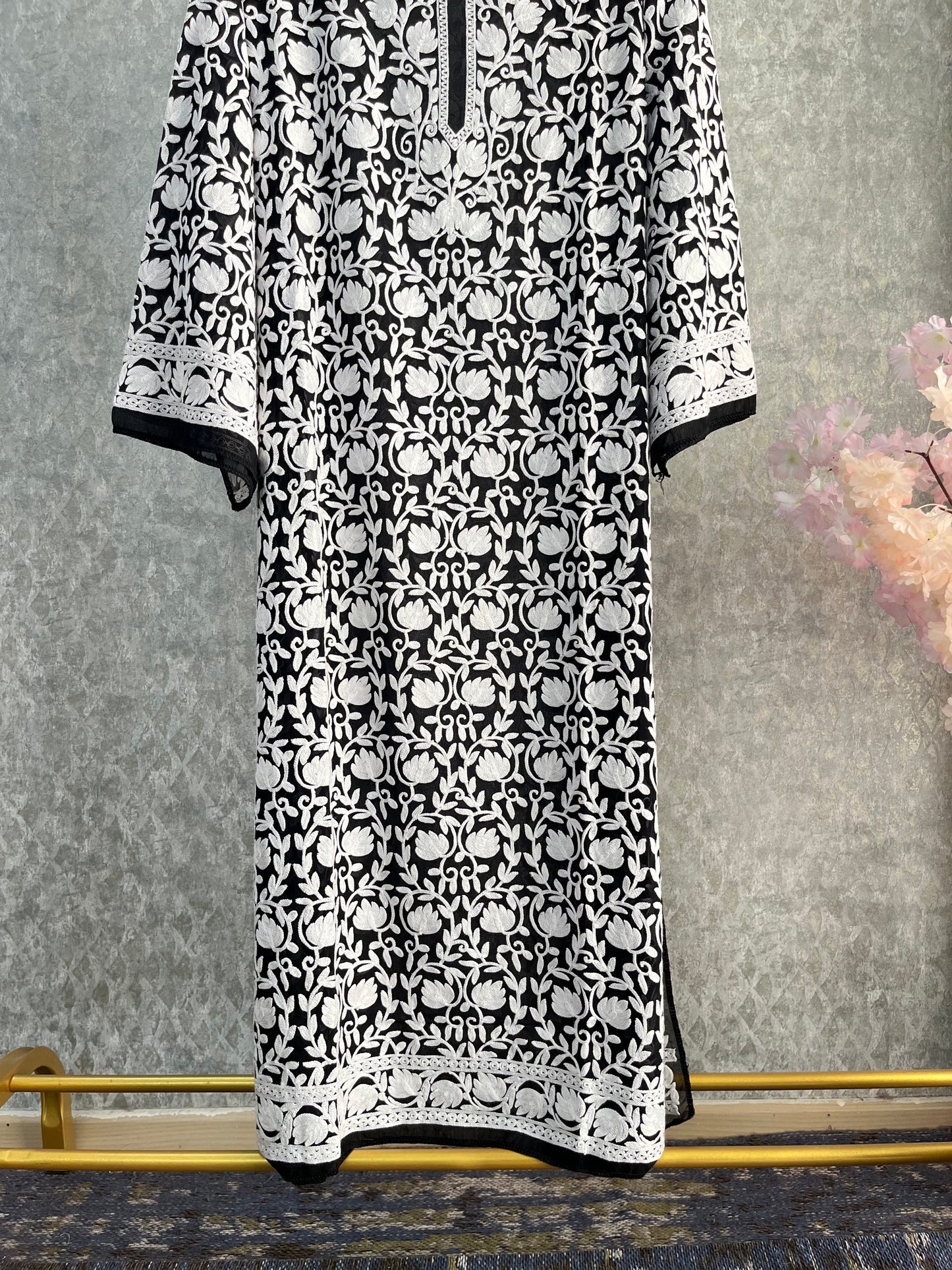 Black Georgette Front Back Jaal Kashmiri  Semi Stitched Kurta