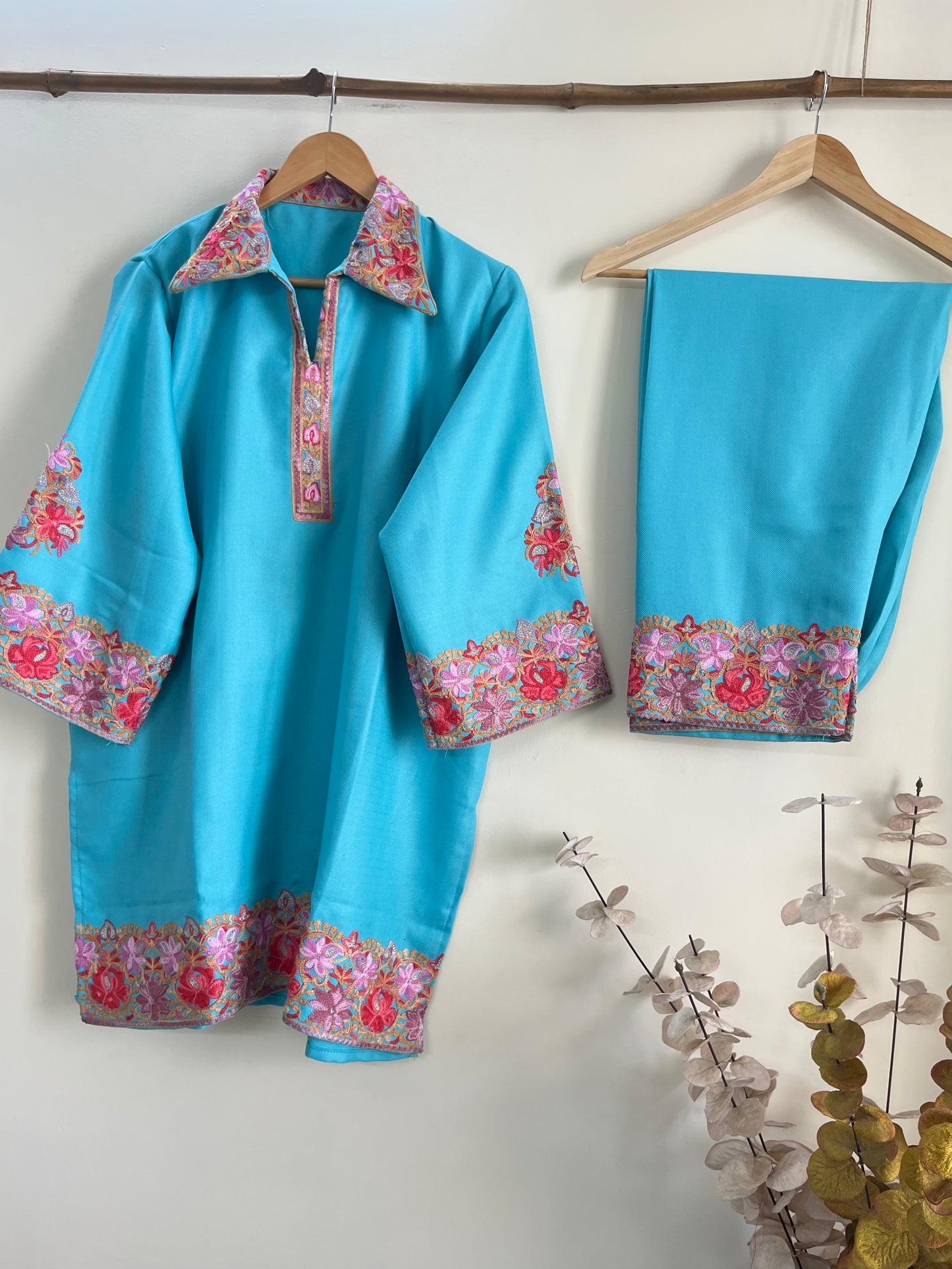 Sky Blue Woollen Stitched Co-ord Set (XL)