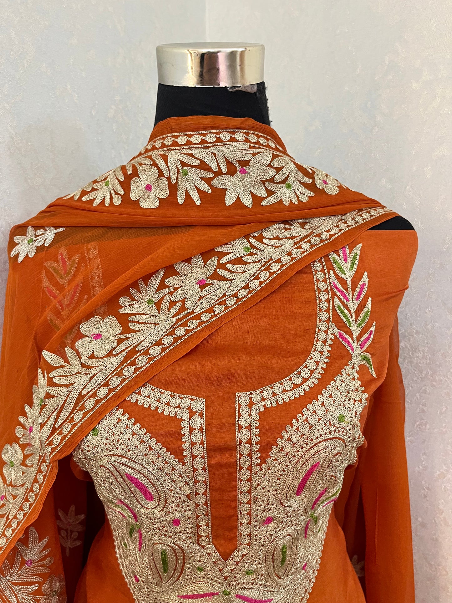 Dull Orange Opada Silk Kashmiri Suits