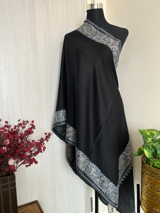 Black Silk Thread Border Embroidered Fine Semi Pashmina stole