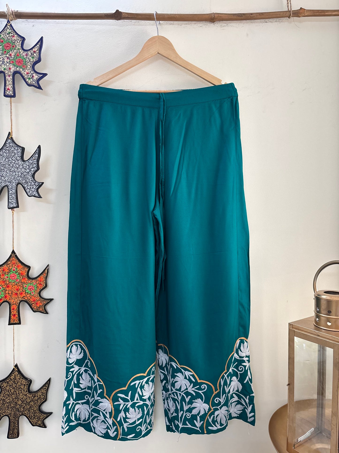 Women Green Wide Leg Solid Embroidered Palazzos