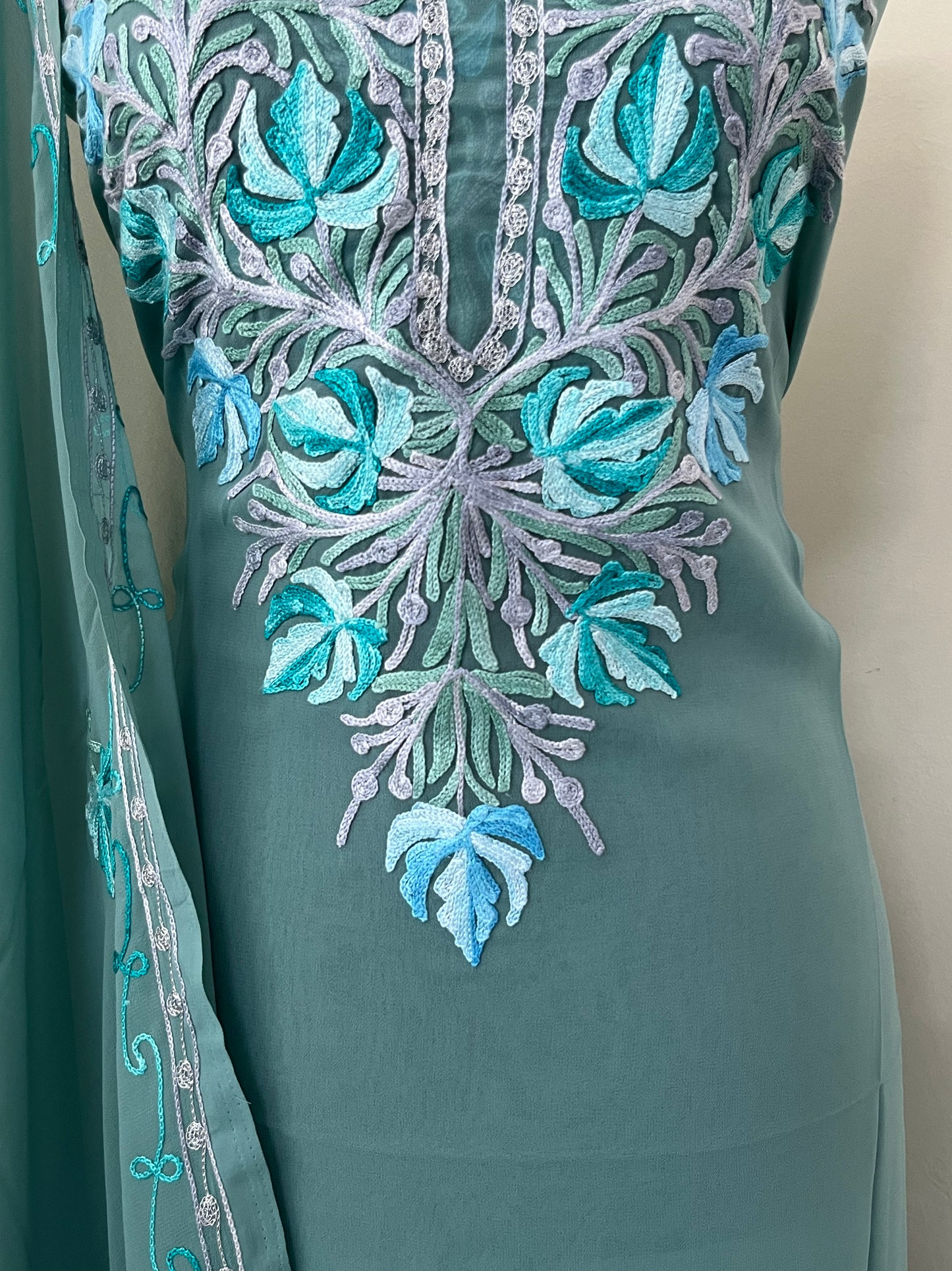 Green Georgette Shirt and Dupatta Aari Embroidered Suit