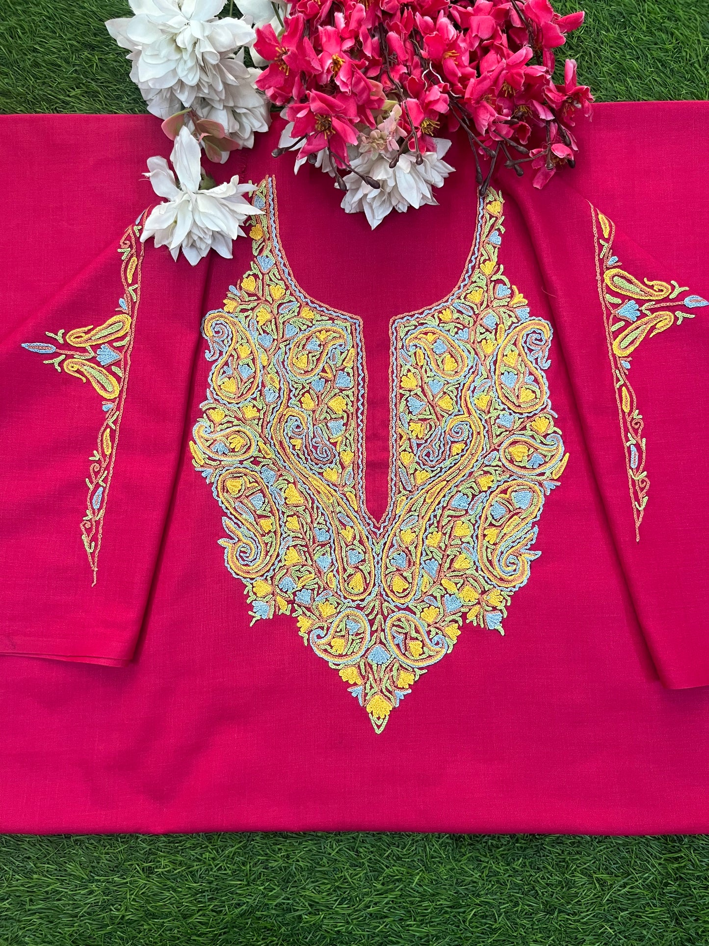 Hot Pink Cotton Two Piece Suit (Hand Embroidered)