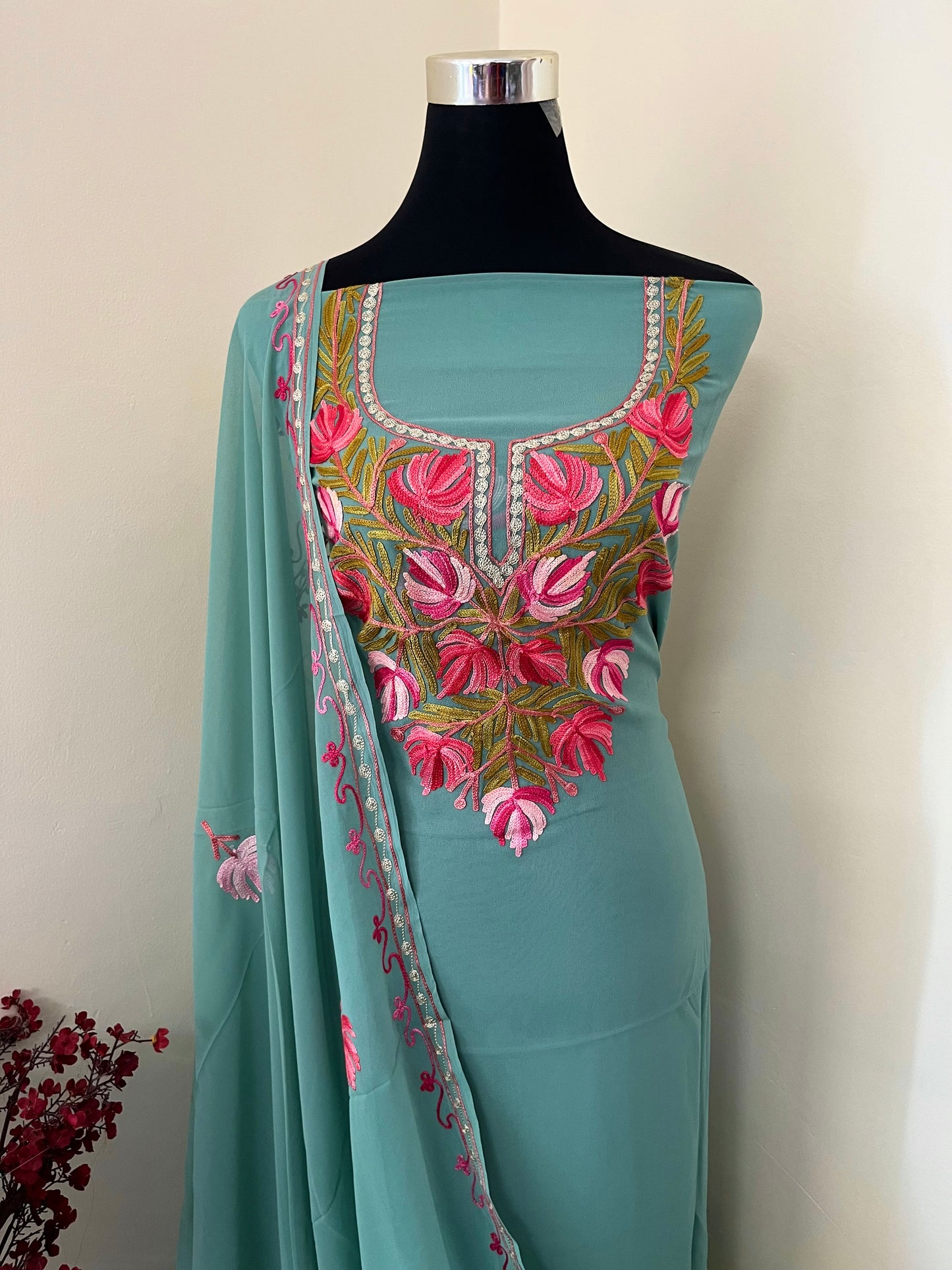 Sea Green Georgette Shirt and Dupatta Aari Embroidered Suit