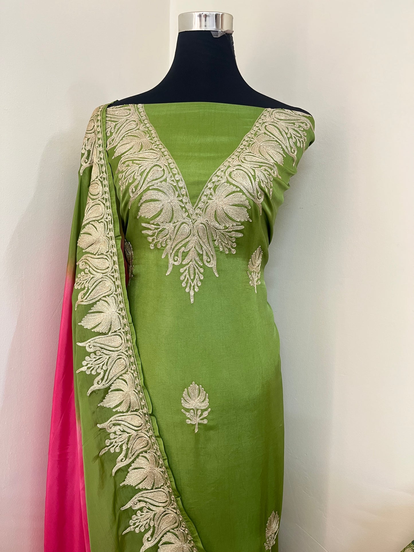 Sanam Henna Green Silk Kashmiri Suit