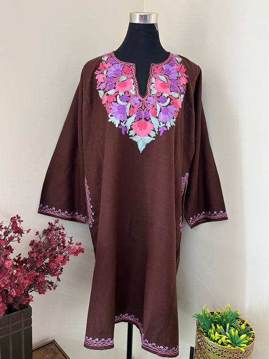 Chocolate Brown Aari Embroidered Wool Pheran