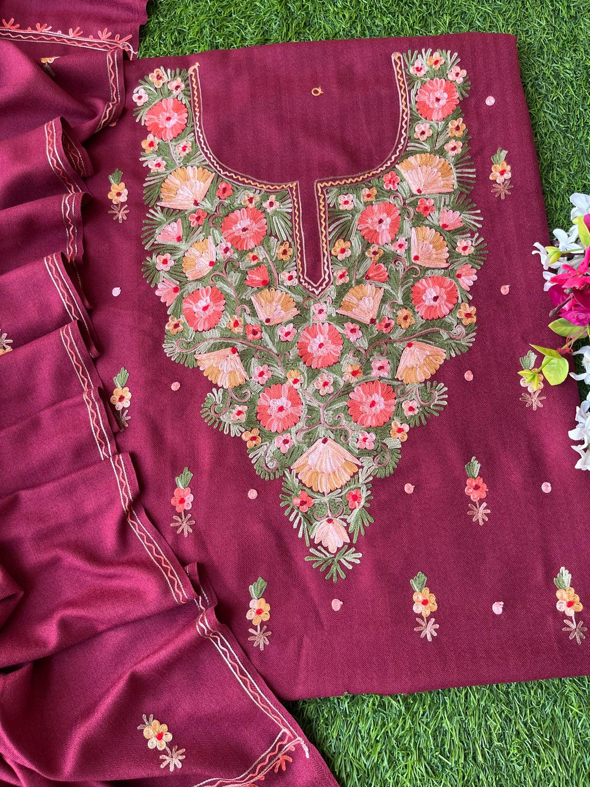 Wine Woollen Aari Embroidered 3pc suit
