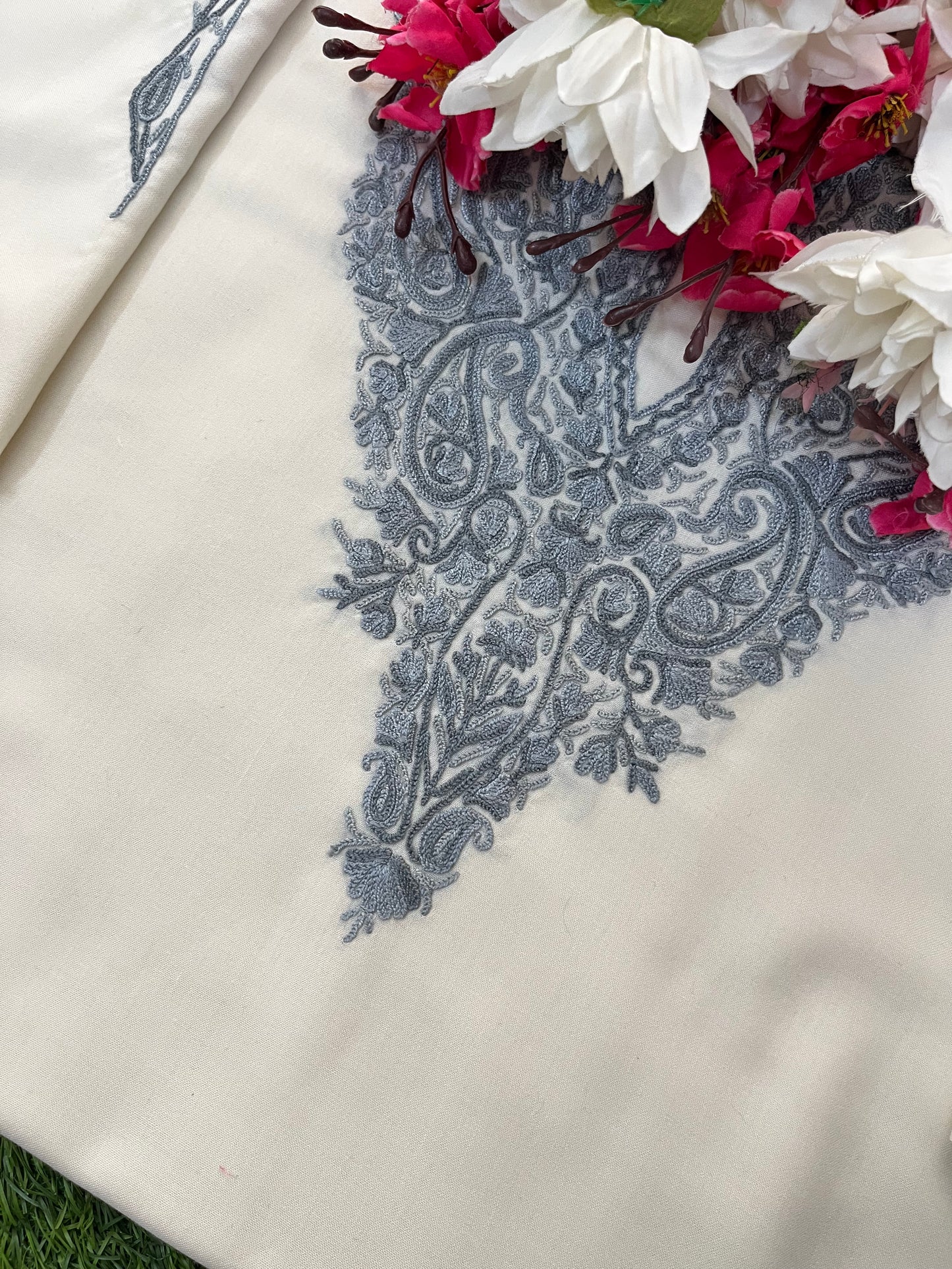 Off White Cotton Two Piece Suit (Hand Embroidered)