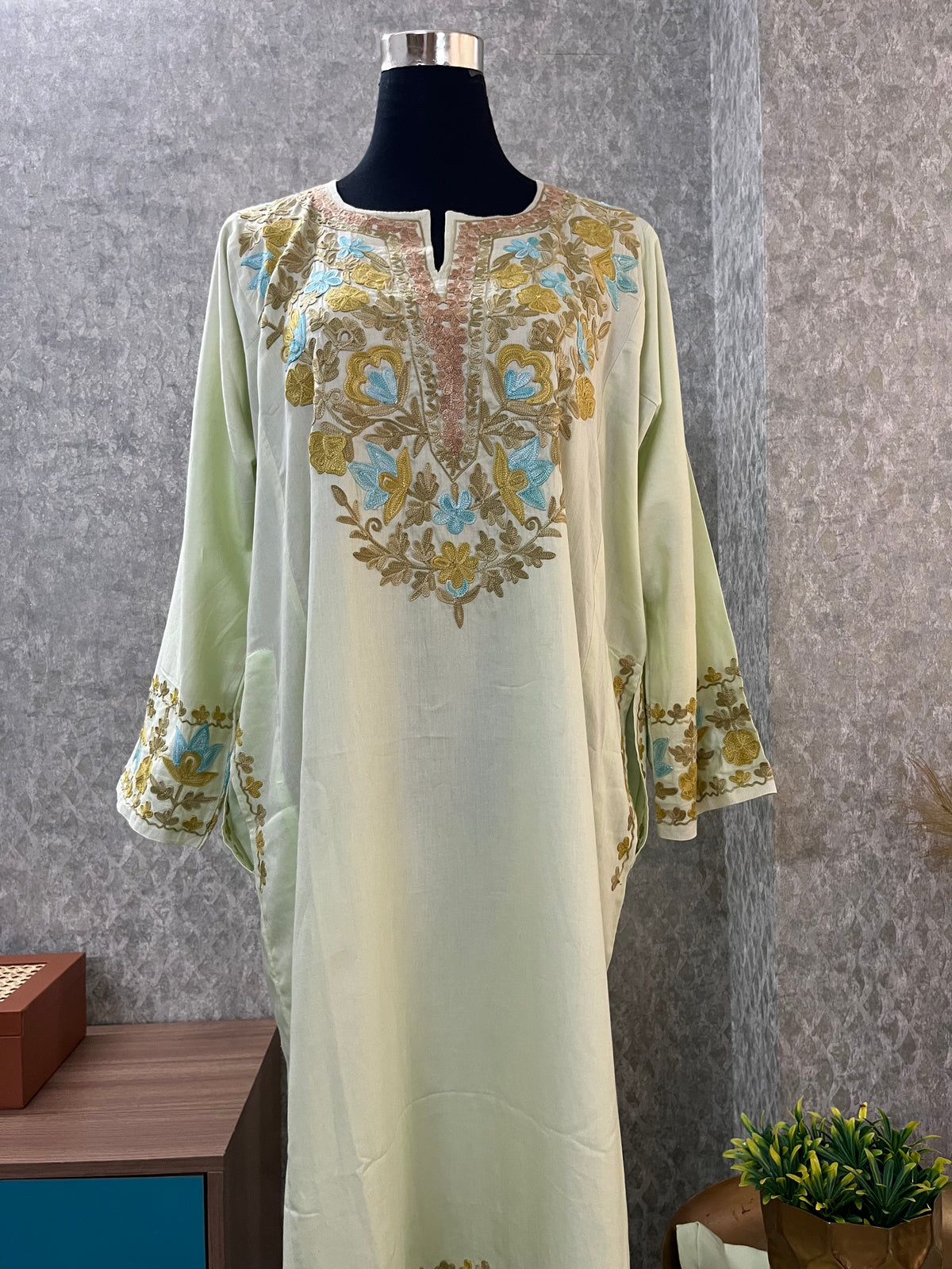Sage Green Cotton Front Jaal Pheran Set  Size(44)