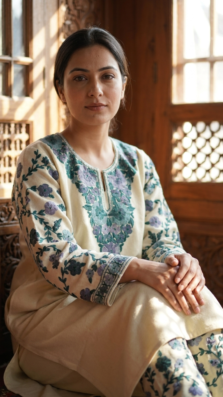Off White Woollen Kashmiri Co-Ord Set ( Size 40 )