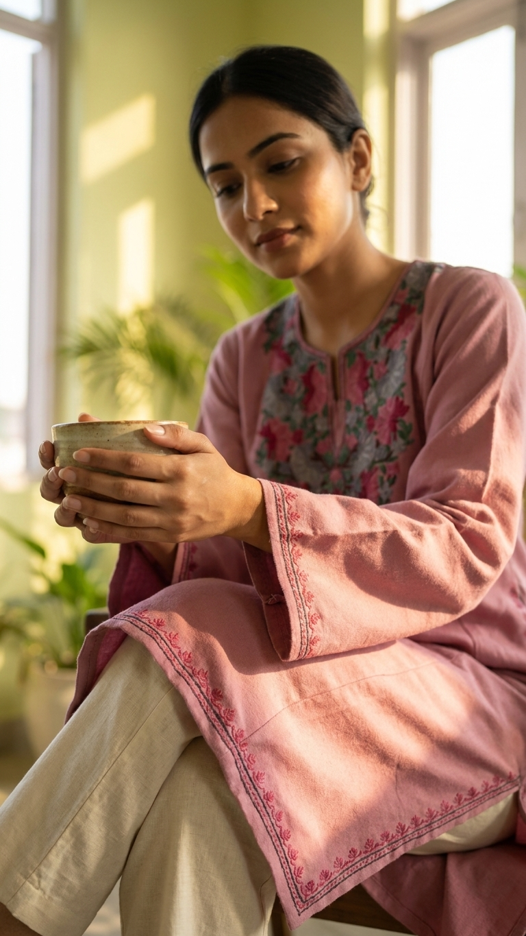 Soft Pink Aari Embroidered Wool Pheran