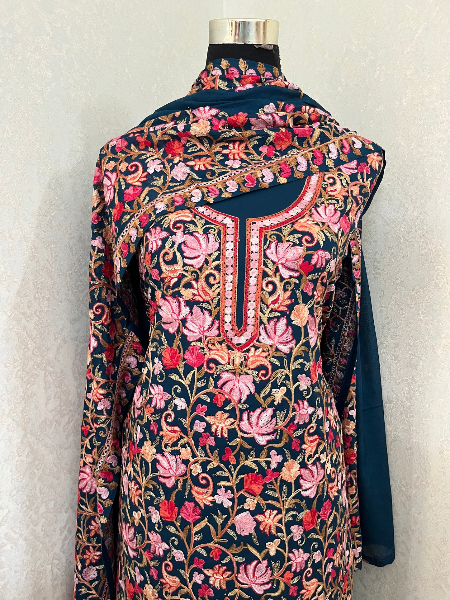 Peacock Blue Cotton Kashmiri Suit