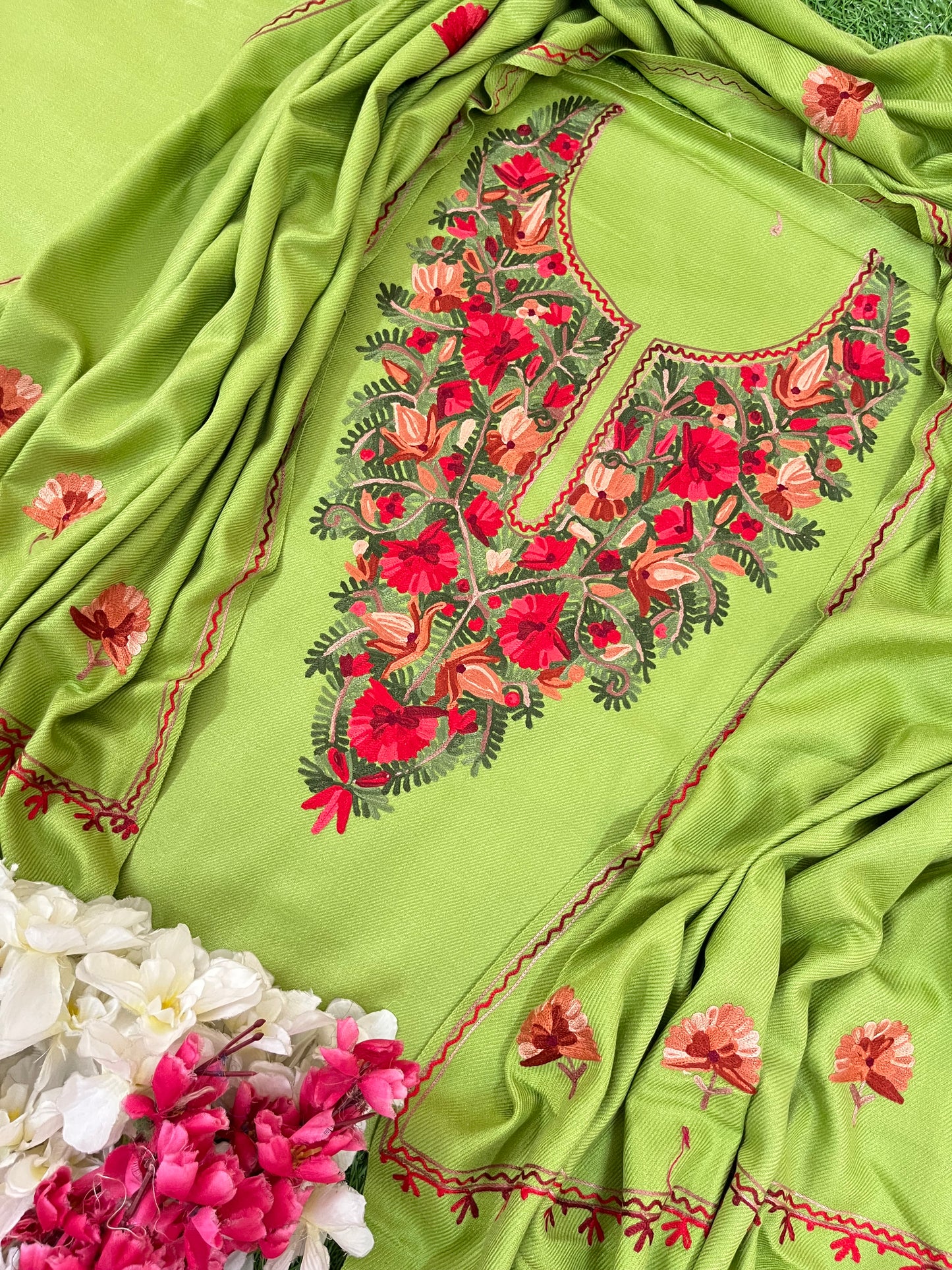 Pista Green Woollen Aari Embroidered 3pc suit