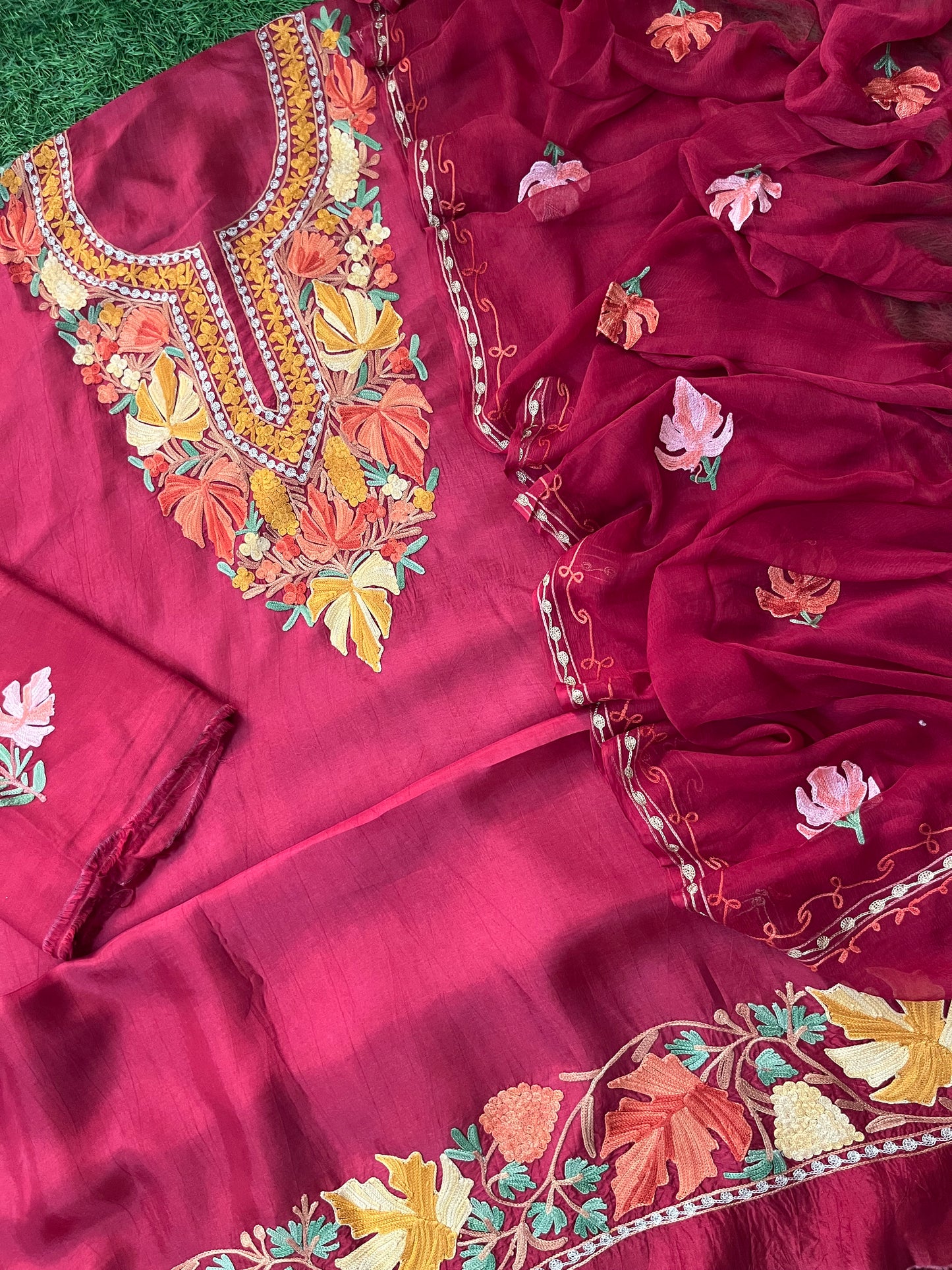 Maroon Opada Silk Aari Embroidered Suit material