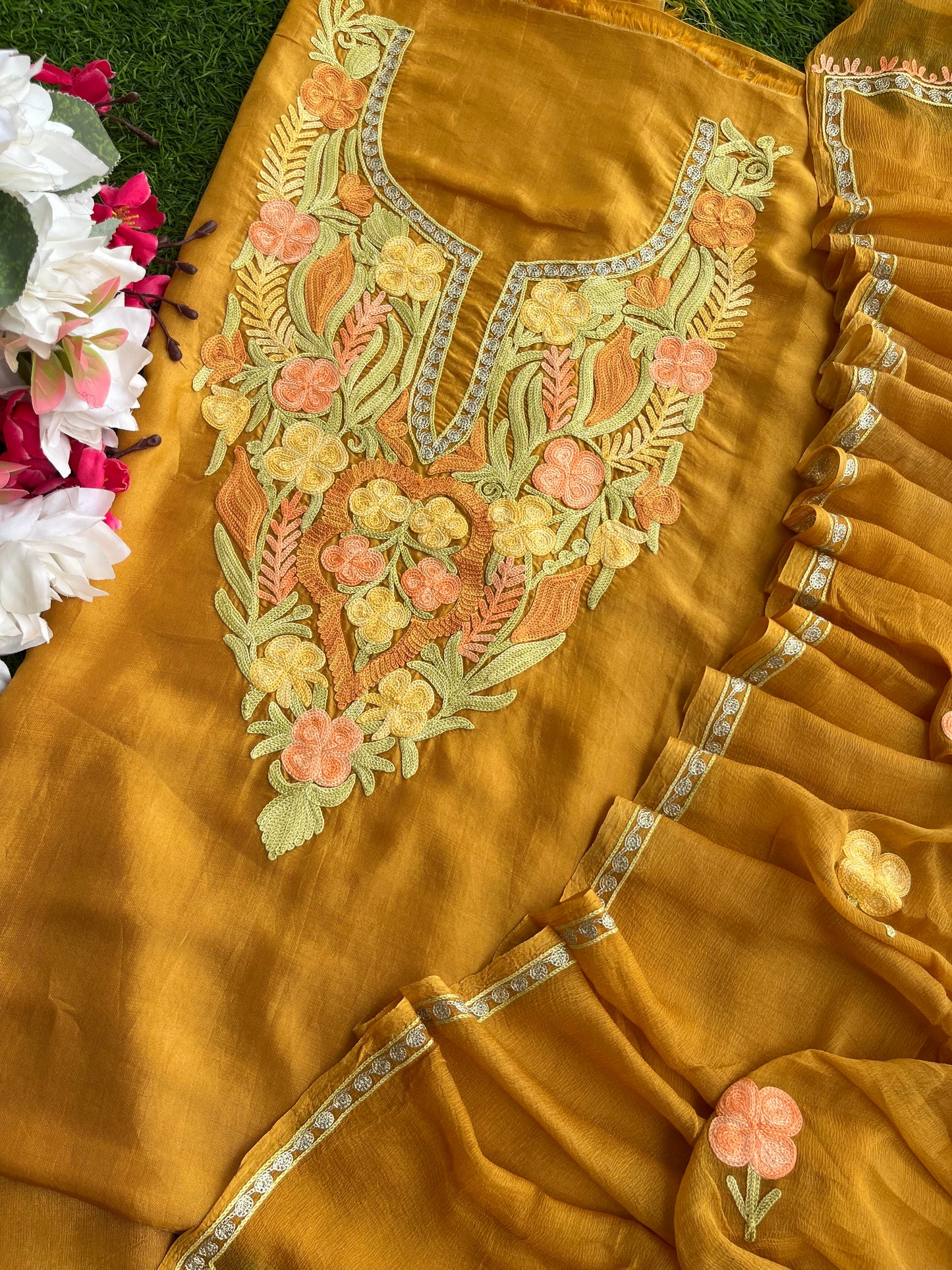 Gold Opada Silk Kashmiri Suits
