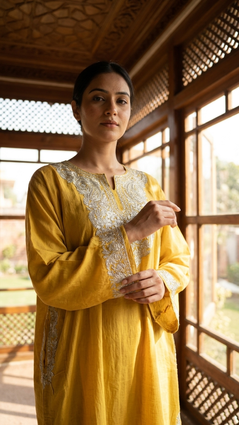 Soft Yellow Cotton Kashmiri Pheran Set (48)