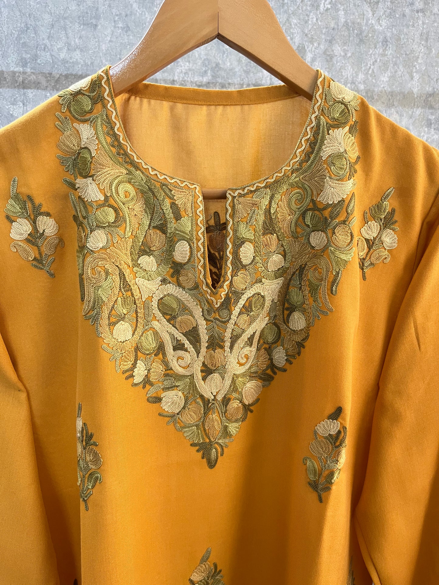 Golden Yellow Cotton Aari Work Kurti