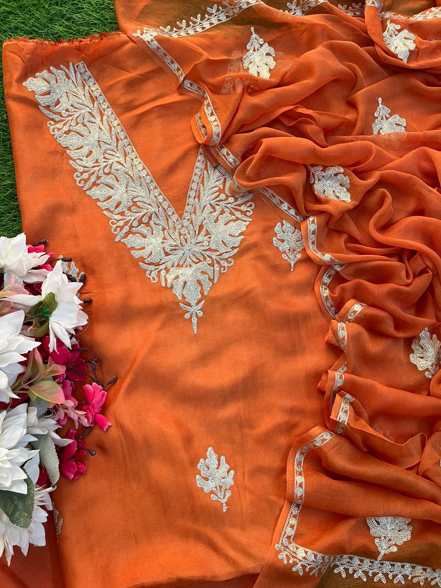 Soft Orange Sanam’ Silk Tilla Kashmiri Suit