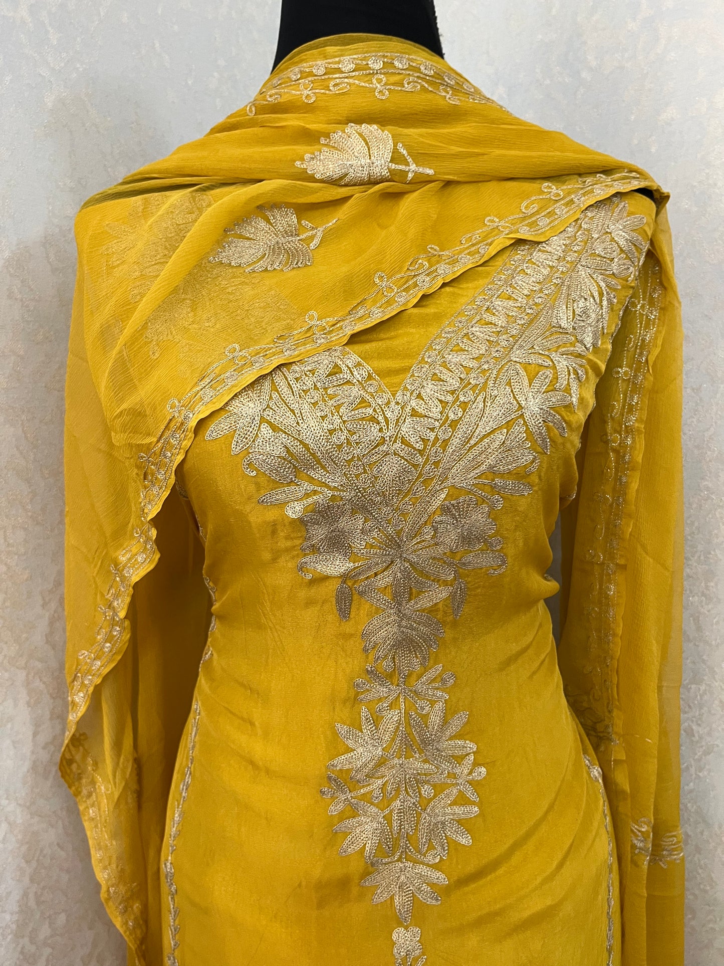 Golden Yellow Tilla Kashmiri Silk Suit