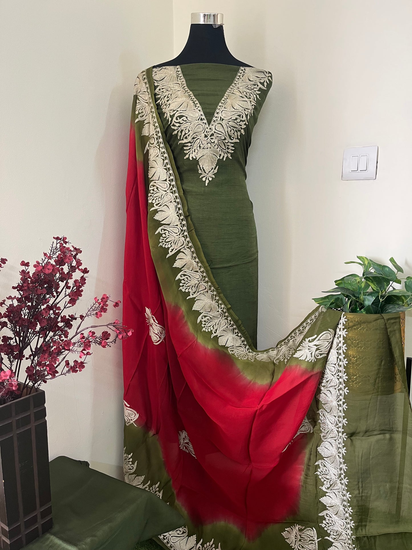 Sanam Army Green Silk Kashmiri Suit