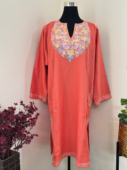 Peach Pink Aari Embroidered Wool Pheran