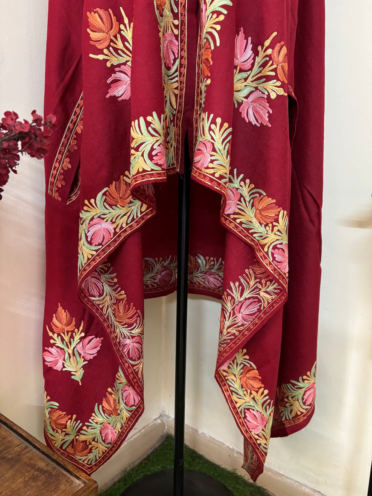 Maroon Aari Embroidered Pure Wool Cape