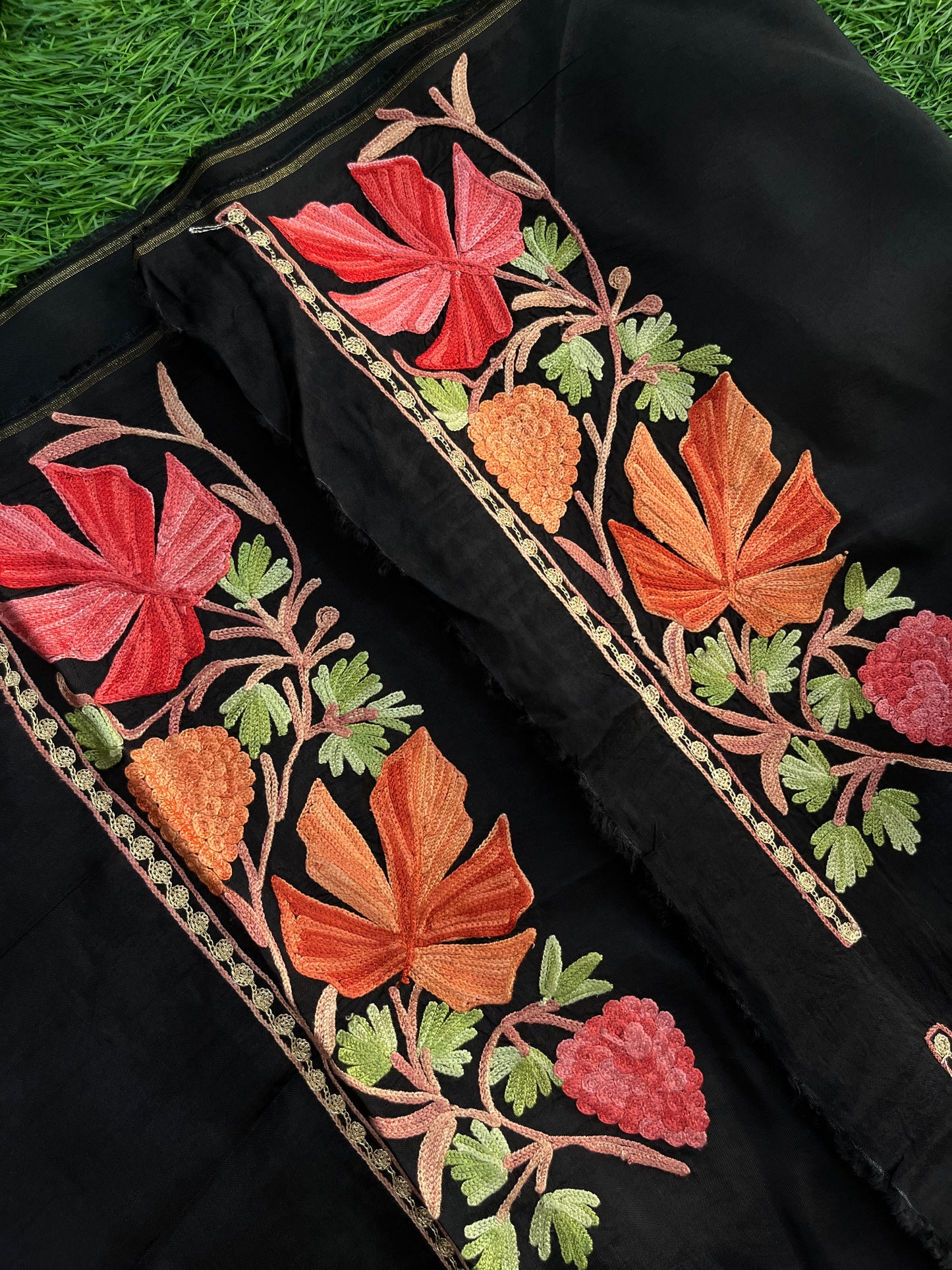 Black Opada Silk Aari Embroidered Suit material