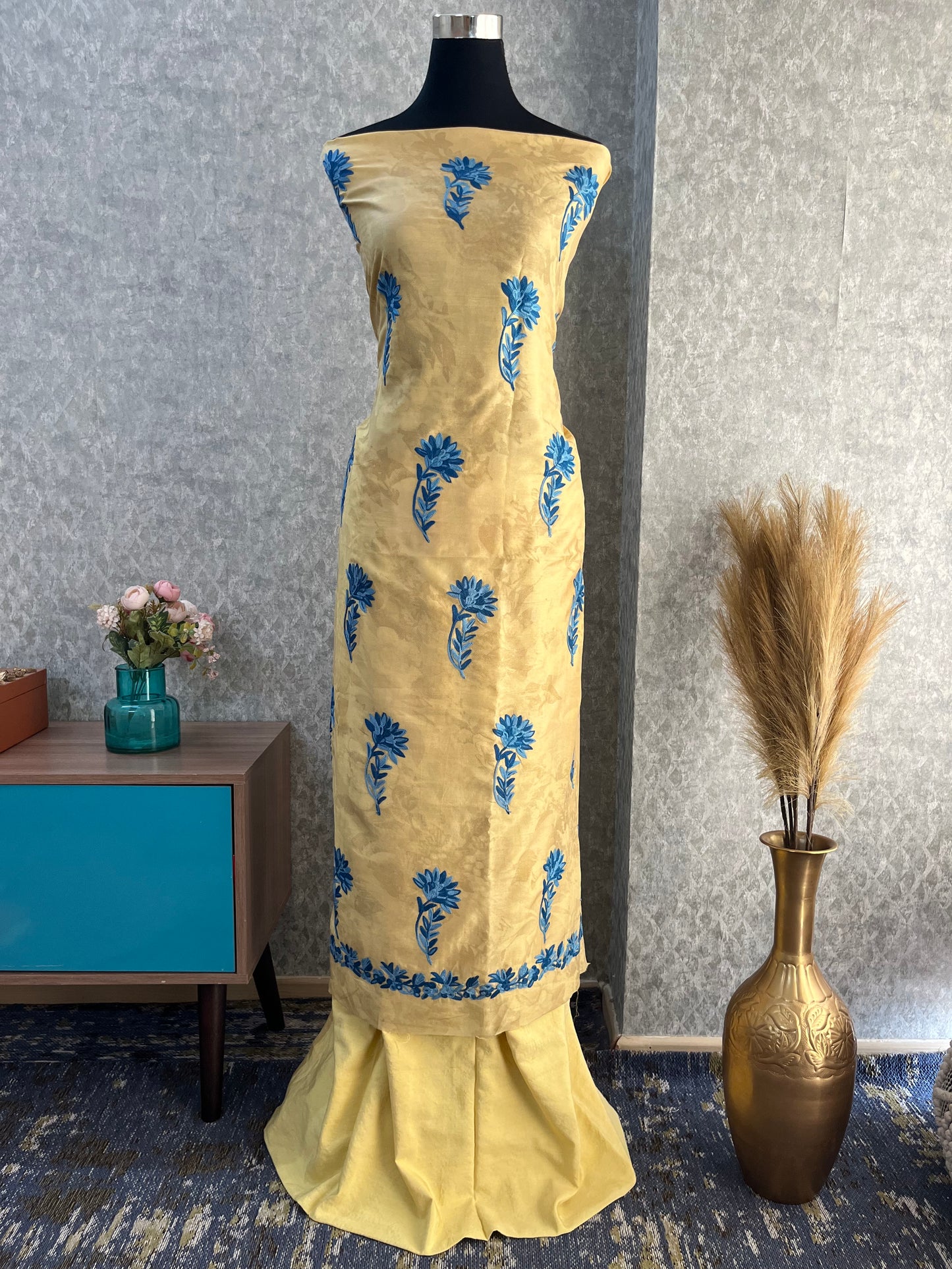 Mustard Gold Self Work Satin Cotton Unstitched Co-ord Set