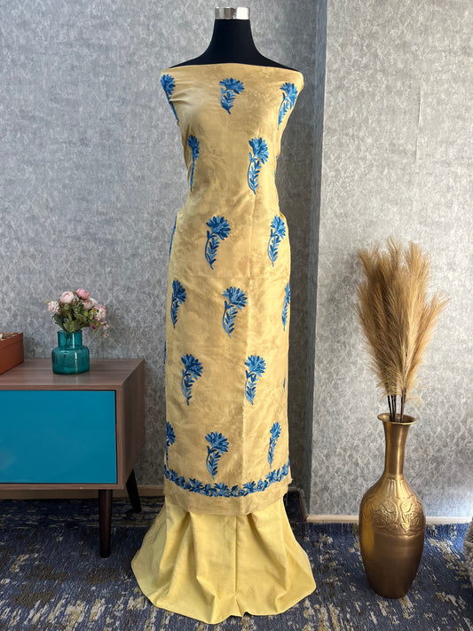 Mustard Gold Self Work Satin Cotton Unstitched Co-ord Set