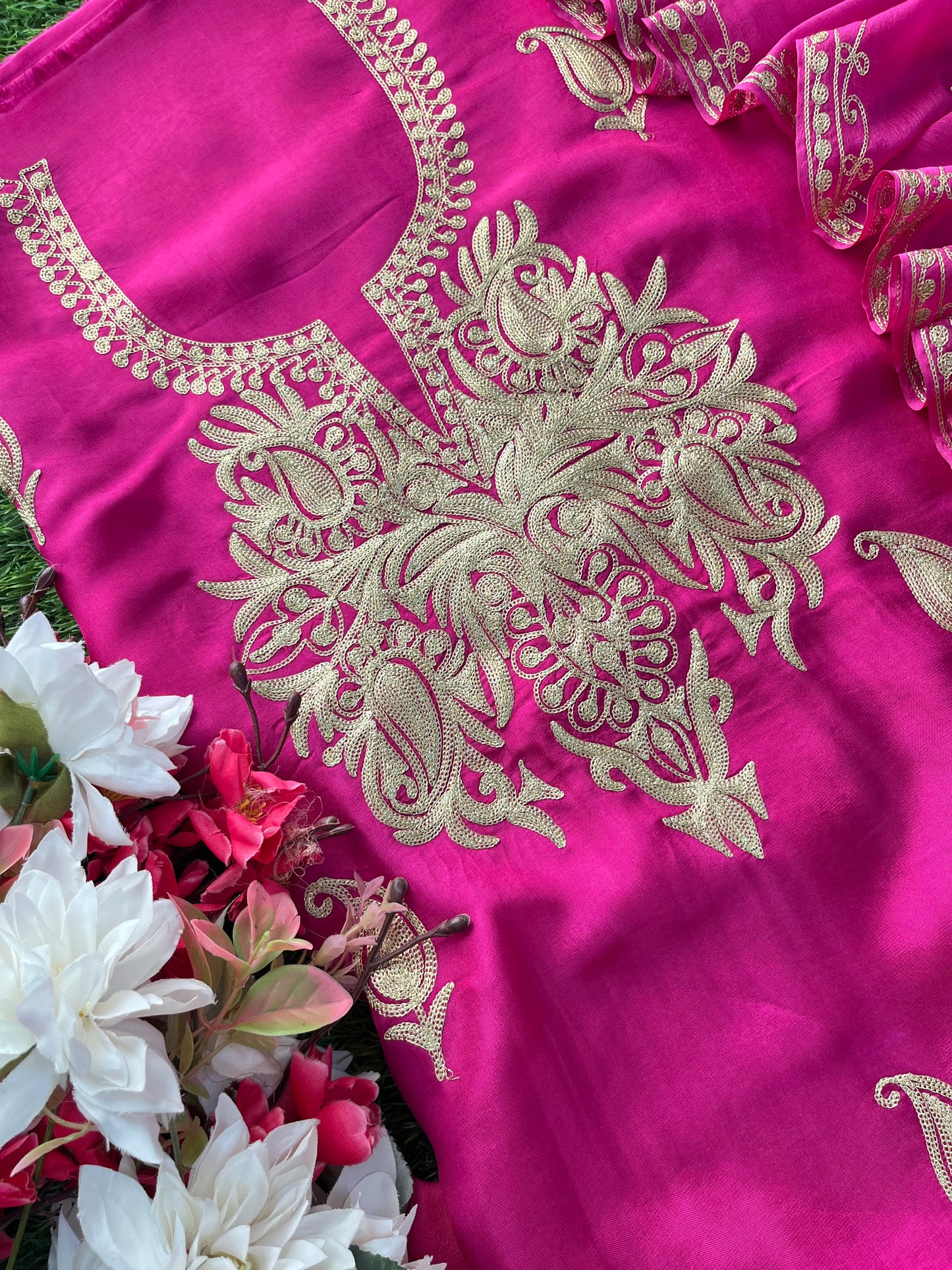 Hot Pink Silk Tilla Kashmiri Suit