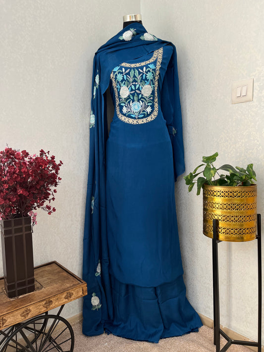 Cobalt Blue Kalaa’ Crape Kashmiri Suit