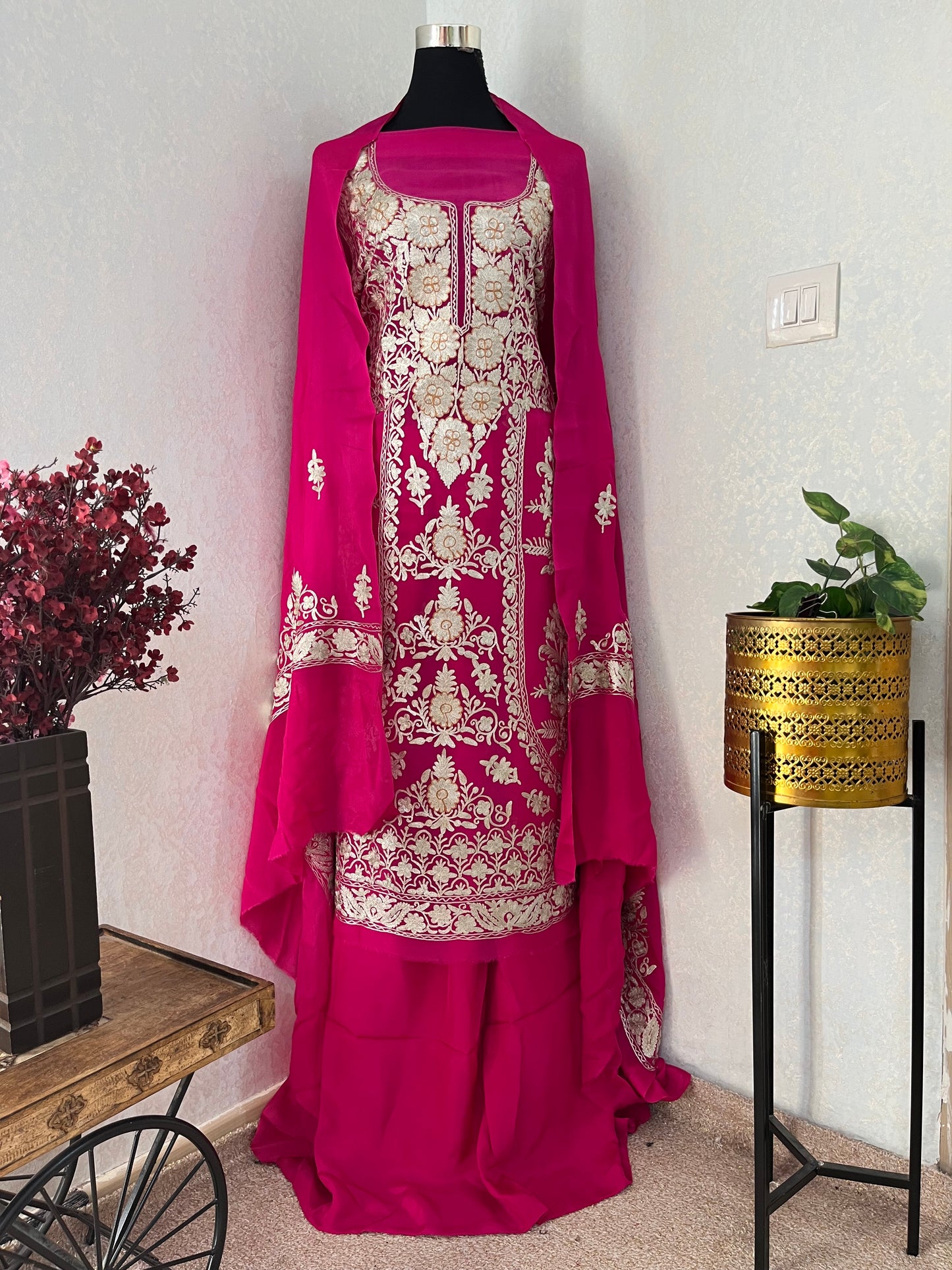 Hot Pink Pure Soft Organza 3 Pc Heavy Kashmiri Suit